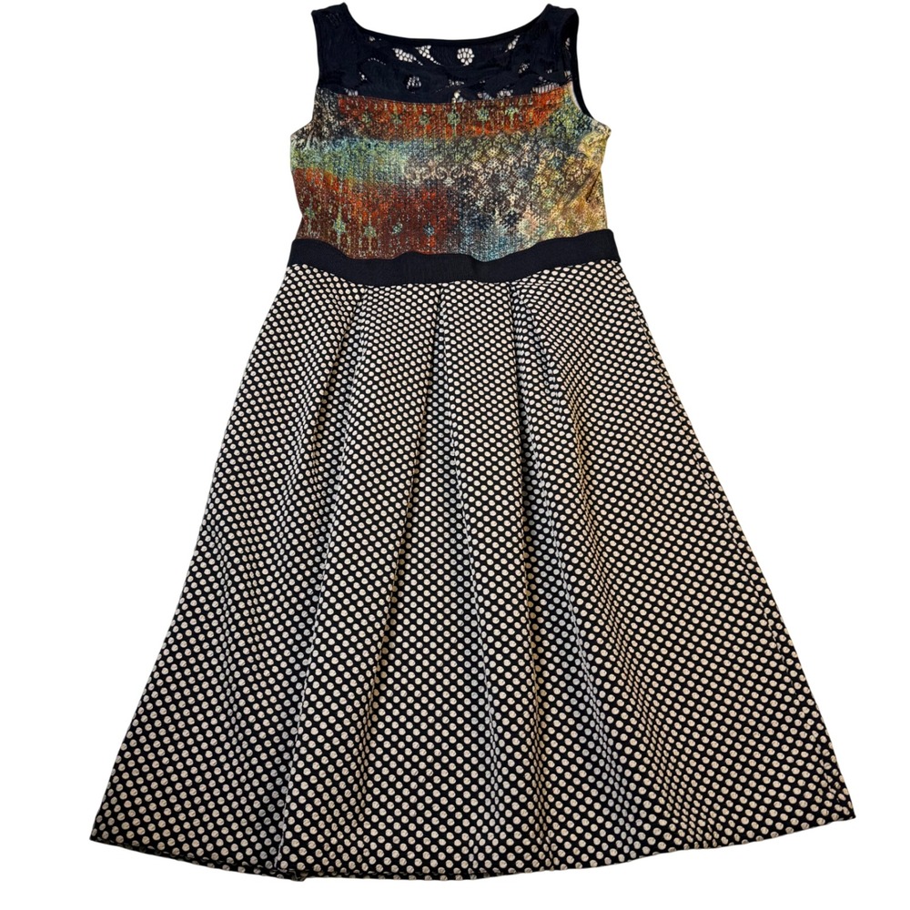 Weston Fit & Flare Dress XS‎ Multicolor Polka Dot Abstract Lace Mixed Media